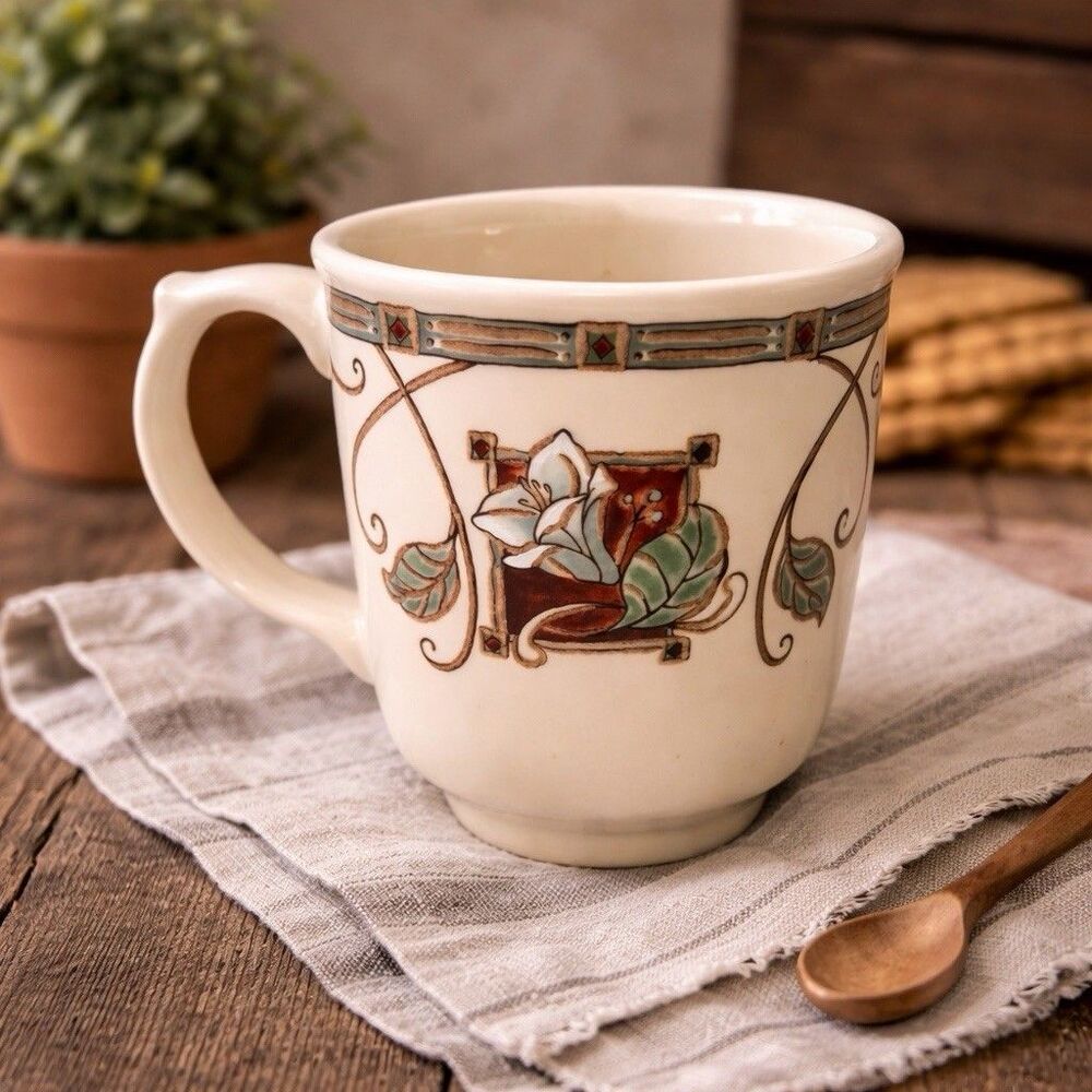 Pfaltzgraff Mission Flower Mug USA Stoneware Floral Rustic Farmhouse Coffee Cup